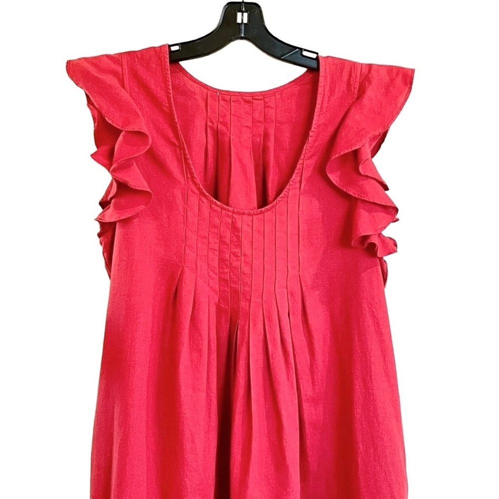 The Great Flutter Tulip Dress Red Linen Blend Ruffle Sleeve Midi Pockets L - Picture 6 of 10